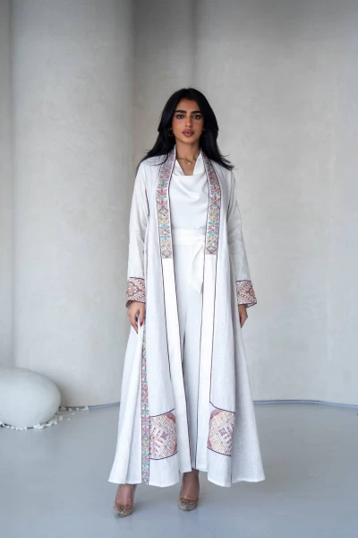 White Lenin Abaya with embroidery IB279 White